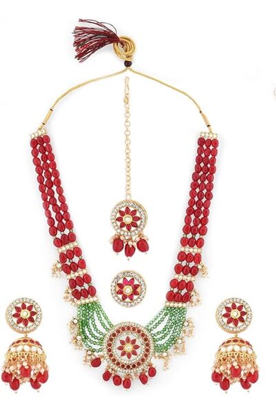 ZAVERI PEARLS طقم مجوهرات الزفاف باللونين العنابي والأخضر للنساء - يتضمن قلاد...