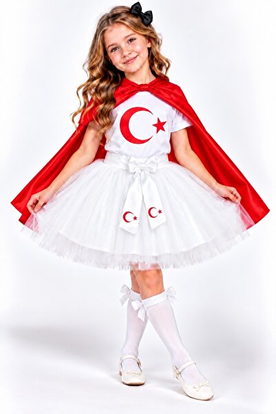 NACAR STYLİSH Kız Çocuk Ay Yıldız Baskılı Kısa Kollu Tişört, Fiyonk Detaylı K...