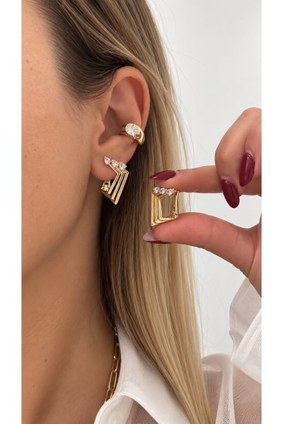 GLARE JEWELRY CO Çoklu Görünüm Taş Detaylı Paslanmaz Çelik Halka Küpe