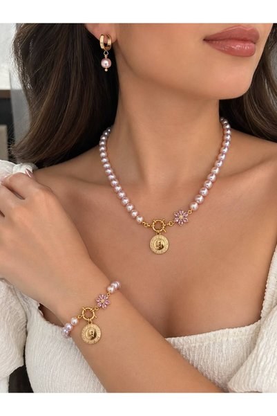 Pembe Saray İnci Set [ Kolye, Bileklik, Küpe]