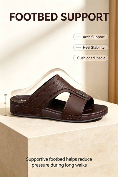 SoftSole KSA شباشب رجالية بجزء علوي منقوش، صناعة سعودية، بحزامين قابلين للتعديل ومشبك معدني