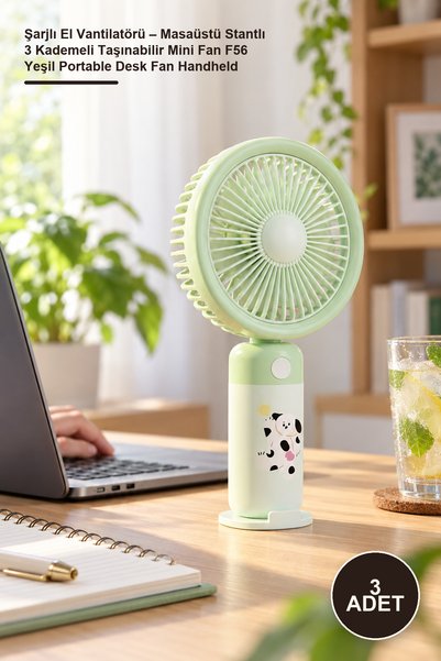 Yenilig 3 Adet Şarjlı El Vantilatörü – Masaüstü Stantlı 3 Kademeli Taşınabilir Mini Fan F56 Yeşil Portable Desk Fan Handheld
