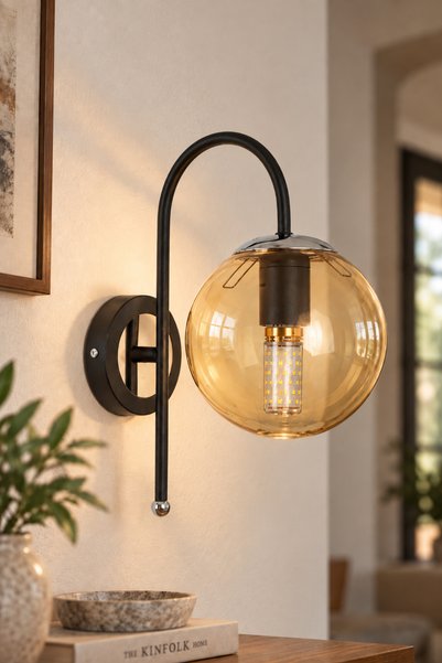 MŞ Aydınlatma Niva Black Chrome Honey Glass Sconce