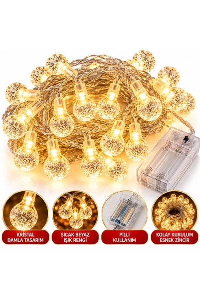 Bkmc Kristal Damla, Yıldız Ve Çubuk Figürlü Pilli Peri LED Sıcak Beyaz Yılbaşı Süsleme ve Dekorasyon Işığı Yılbaşı Süsü Figürlü Led