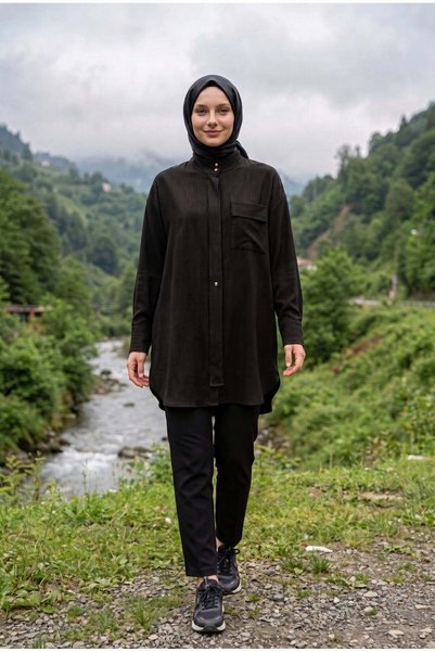Awenna Avenna Hakim Yaka Pat Detaylı Çizgili Tunik Siyah/Lacivert