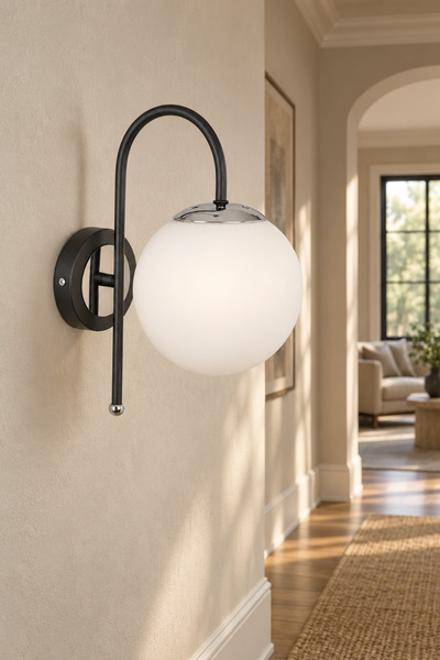 MŞ Aydınlatma Niva Black Chrome White Glass Sconce