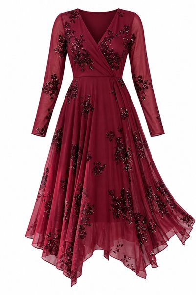 Dilay Gökoğlu Butik Asymmetrical Double Breasted Collar Glittery Patterned Midi Burgundy Dress