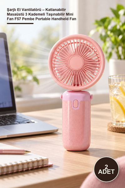 Yenilig 2 Adet Şarjlı El Vantilatörü – Katlanabilir Masaüstü 3 Kademeli Taşınabilir Mini Fan F57 Pembe Portable Handheld Fan