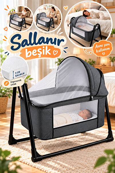 Baby Home Onest Anne Yanı Kalın Yataklı Cibinlikli Ve Tenteli, Sallanır. Port...