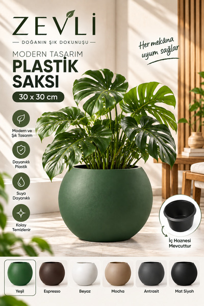 ZEVLİ Yeşil Büyük Boy Küre Saksı 30x30 cm İç Haznesi İle Birlikte