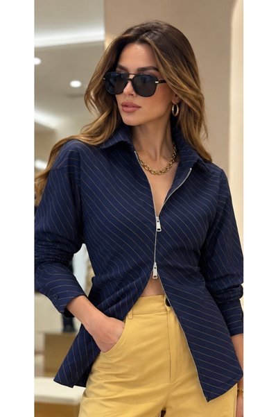 St boutique Kadın Lacivert Çizgili Fermuarlı Belden Bağlamalı Uzun Kollu Gömlek