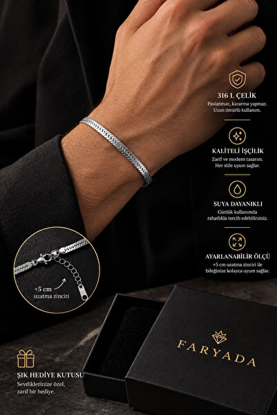 FARYADA Women Men Lover Couple Bracelet Set Gold Silver Color Italian Flat Chain Stainless Steel Non-Tarnish Non-Fade Adjustable Valentine's Day Birthday Anniversary Special Day Gift - Boxed