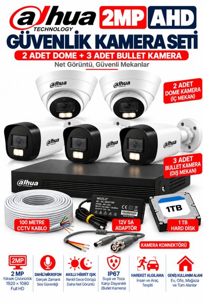 DAHUA 5'Lİ 2MP AHD Full Color Renkli Gece Görüş Sesli Kamera Seti