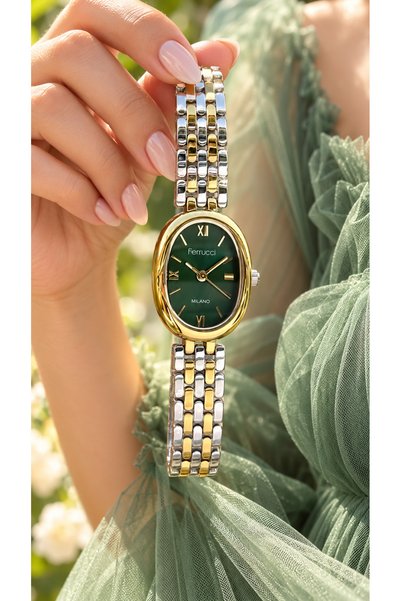 Ferrucci Oval Small Case-Yellow Color Steel Strap-Green Dial-Stylish in Box-W...