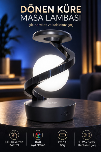 indirimsevinci Dönen Küre RGB LED Masa Lambası Hareket Sensörlü Type-C Şarjlı Kablosuz Dekoratif Gece Lambası