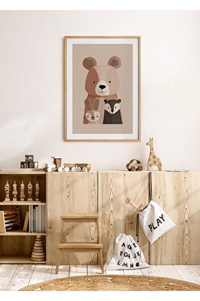 KEYFHOME Poster de pictură MDF cu cadru din lemn Cute Animal Friends, cadou p...