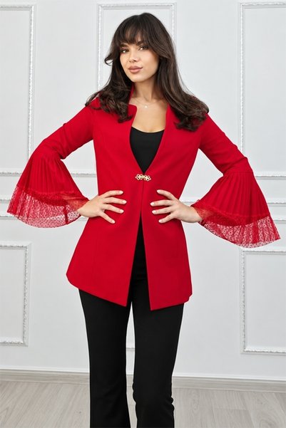 FashionForYou Дамско яке AVELIA, вталено, с разкроени плисирани ръкави и тюл ...