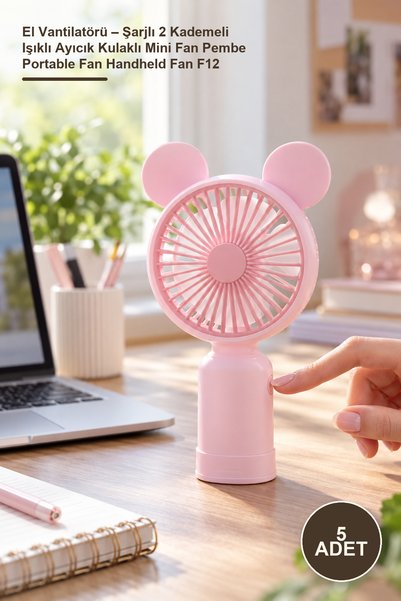 Yenilig 5 Adet El Vantilatörü – Şarjlı 2 Kademeli Işıklı Ayıcık Kulaklı Mini Fan Pembe Portable Fan Handheld Fan F12