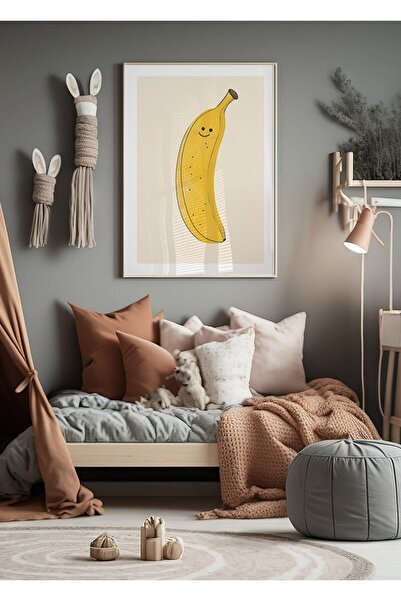 KEYFHOME Poster de pictură MDF înrămat cu lemn, cu banană zâmbitoare, decor d...