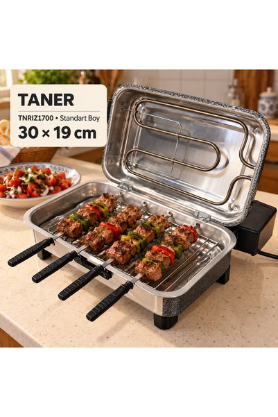 TANER Elektrikli Mangal Izgara 4 Şişli Kapaklı Ev Tipi Dumansız Barbekü Şiş K...