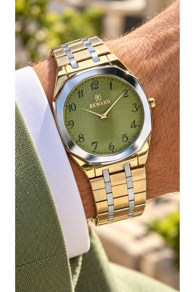 Reward Numerical Dial-Thin Case-Green Dial-Yellow Steel Strap Men's Wristwatc...