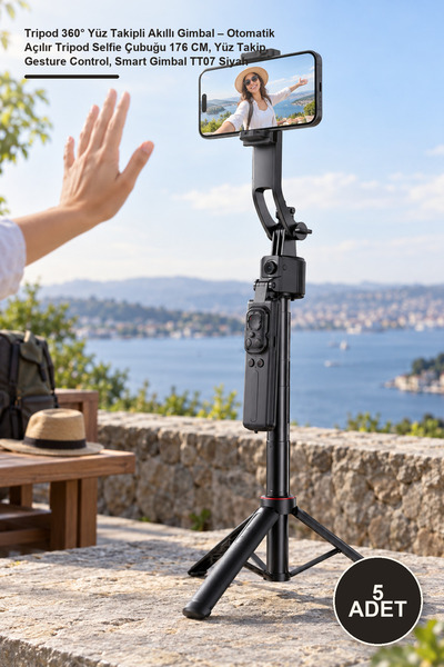 Yenilig 5 Adet Tripod 360° Yüz Takipli Akıllı Gimbal – Otomatik Açılır Tripod Selfie Çubuğu 176 CM, Yüz Takip, Gesture Control, Smart Gimbal TT07 Siyah