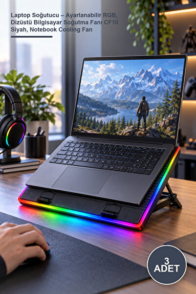 Yenilig 3 Adet Laptop Soğutucu – Ayarlanabilir RGB, Dizüstü Bilgisayar Soğutma Fanı CF10 Siyah, Notebook Cooling Fan