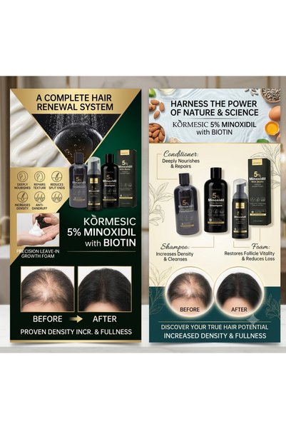 Kormesic 5% Minoxidil with Biotin 3-in-1 Hair Care Set 660ml – Shampoo 300ml, Conditioner 300ml & Leave-In Growth Foam 60ml