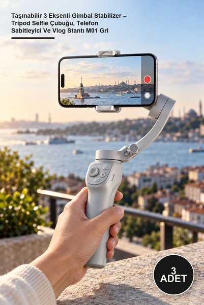 Yenilig 3 Adet Taşınabilir 3 Eksenli Gimbal Stabilizer – Tripod Selfie Çubuğu, Telefon Sabitleyici Ve Vlog Stantı M01 Gri