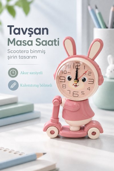 KaktüsKedi Sevimli Tavşan Figürlü Scooter Tasarımlı Sessiz Akar Saniyeli Kale...