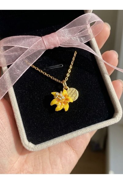 Heda Jewelry Rapunzel Charm Kolye - Çelik Sarı Çiçekli Kolye