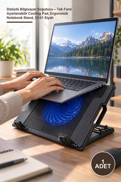 Yenilig 1 Adet Dizüstü Bilgisayar Soğutucu – Tek Fanlı Ayarlanabilir Cooling Pad, Ergonomik Notebook Stand, Cf-01 Siyah
