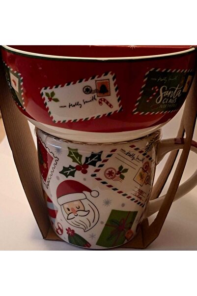 Jumbo Set Cana de Craciun & Bol Ceramic Bordo cu Model Scrisoare lui Mos Crac...