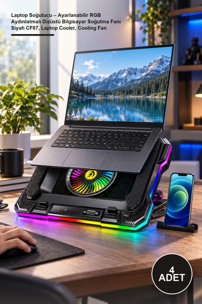 Yenilig 4 Adet Laptop Soğutucu – Ayarlanabilir RGB Aydınlatmalı Dizüstü Bilgisayar Soğutma Fanı Siyah CF07, Laptop Cooler, Cooling Fan