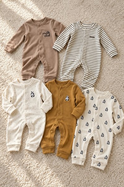 METEOR BABY Bebek Tulum 5'li Uzun Kollu Çıtçıtlı Tulum Seti Milk Club Desenli...