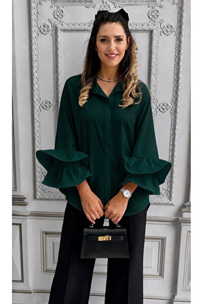 OnlyForYou Cămașă Damă Din Bumbac Cu Volane Elegante La Mâneci, Croi Lejer
