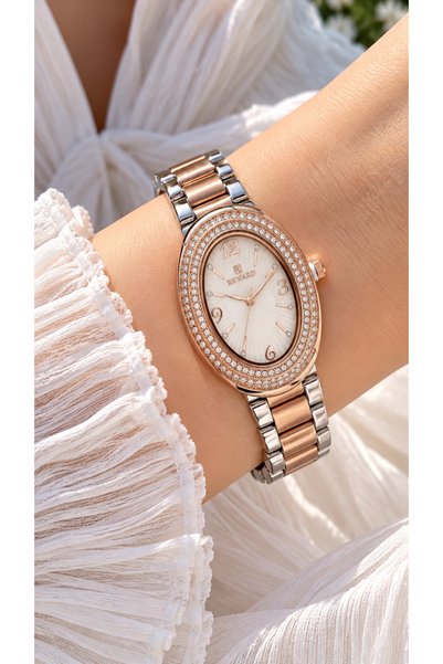 Reward Stone-Embellished Oval Case-Rose Silver Steel Strap-Women's Wristwatch...