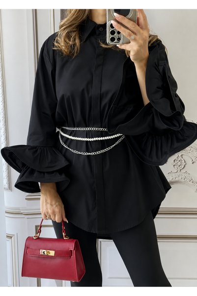 OnlyForYou Cămașă Damă Din Bumbac Cu Volane Elegante La Mâneci, Croi Lejer