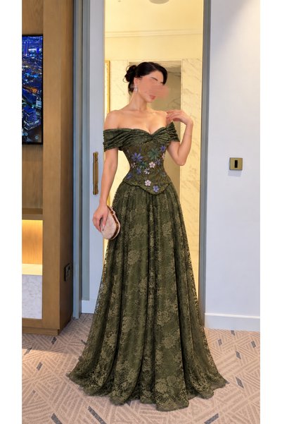Calissa Store Olive Green Off Shoulder Long Evening Dress with Floral Beading...