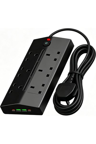 Generic شريط طاقة كهربائي، سلك تمديد بـ 10 مقابس بريطانية ومنافذ USB A وC، بط...
