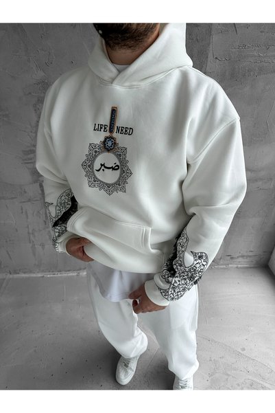 NO1 KONSEPT White Hooded Oversize Premium Life Need Embroidered Sweatshirt