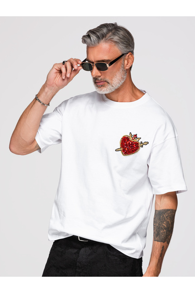 OMBRE Tricou bărbătesc, croială oversize, guler rotund, aplicație inimă cu mă...