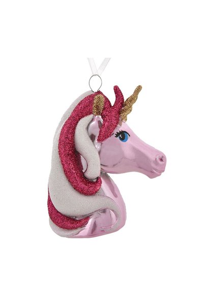 OEM Ornament Brad de Crăciun 3d Cap de Unicorn cu Glitter Fucsia și Alb 9 cm ...
