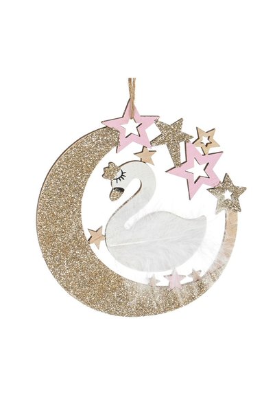 OEM Ornament din Lemn Brad de Crăciun Lebada Albă cu Pene Luna Glitter și Ste...