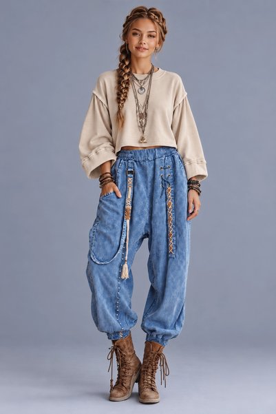Boutique Juji BOHEM STİL SALAŞ MAVİ PANTOLON