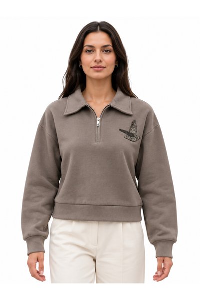 Kadın Crop Sweatshirt Polo Yaka Yarım Fermuarlı Kuş Desenli Taş İşlemeli Oversize Sweatshirt