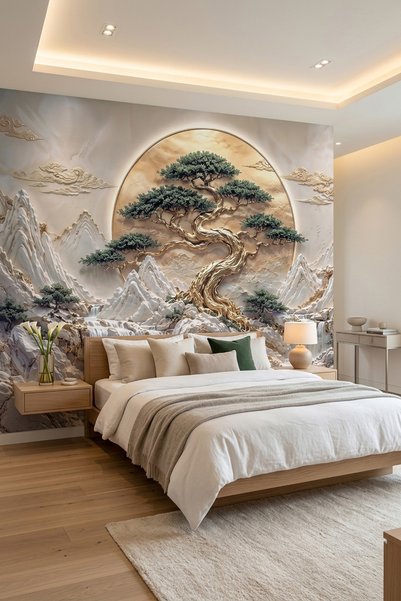 dreamwall Altın Köklerin Efsanesi-Kabartmalı Gold Ağaç ve Ay Desenli Tek Parç...