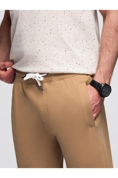 OMBRE Pantaloni de trening pentru bărbați, croială ușor ajustată, tricotaj din bumbac, talie cu șnur, culoare cafea OM-PABS-0206