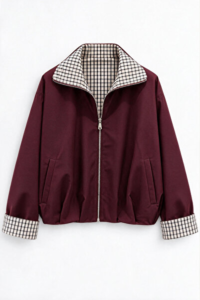 Sue Store Καρό Καφέ Καμπαρντίνα Oversize Bomber σε χρώμα Βουργουνδίας