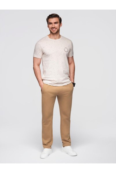 OMBRE Pantaloni de trening pentru bărbați, croială ușor ajustată, tricotaj din bumbac, talie cu șnur, culoare cafea OM-PABS-0206